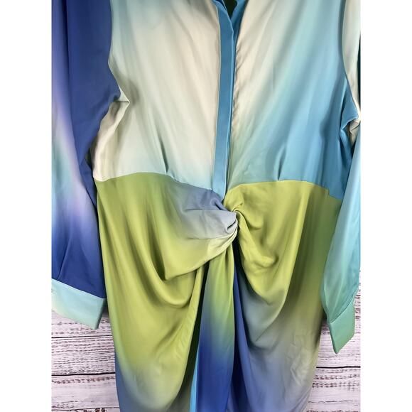 Nicole Miller Dress Women's 16 Blue Green Ombre Twist Front Long Sleeve Shirt - Picture 4 of 11